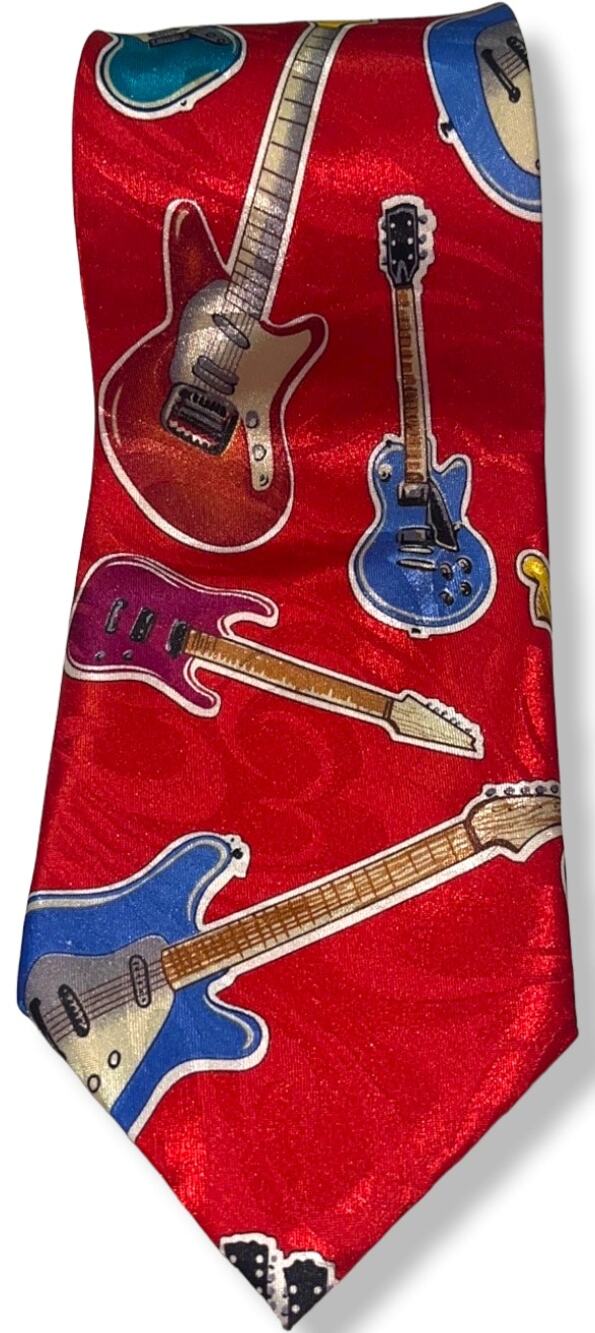 RUDEE RICCO Silk Tie ~ Rock & Roll ~ Electric Guitar ~ Shiny Red Necktie